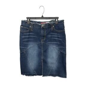 VTG Y2K Denim Knee Length Skirt Raw Hem Front Slit Stretch Size 9 Medium